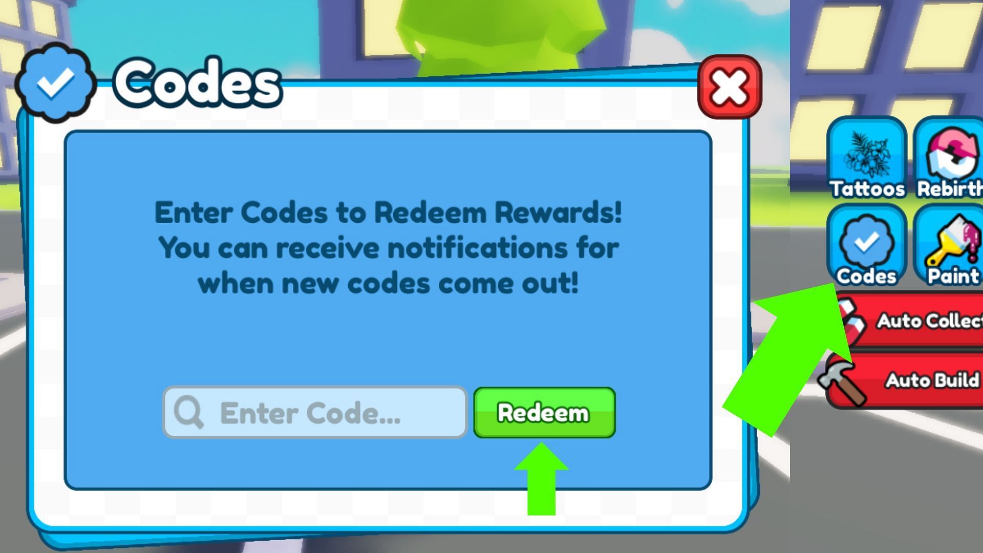 The Codes tab is next to the Paint tab (Image via Roblox)